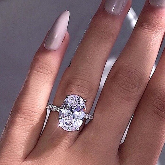 Silver Diamond Zircon Oval Solitaire Ring - Picture 3 of 13